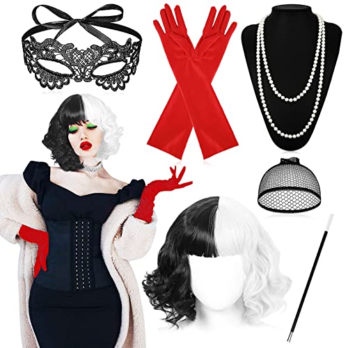 ENCOUN Cruella Kostüm Damen, 70er Jahre Accessoires, Kurze Schwarze und Weiße Perücke mit Halterung, Handschuhe, Halskette, Spitze Maske, Perückenmütze, für Halloween Kostüm Damen, Faschingskostüme von ENCOUN