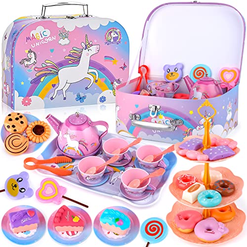 ENCOUN 48-teiliges Teeservice Kinder Metall, Tee Set Kinder mit Einhorn Koffer, Tea Party Set Kids, Tee Set Kinder Teeservice mit Dessert, Teeservice Kinderküche für Kinder Mädchen 3 4 5 6 7 8 Jahren von ENCOUN