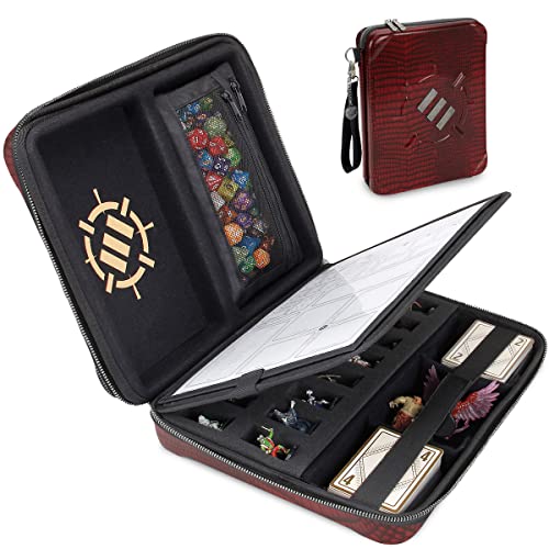 ENHANCE RPG-Organizer-Etui, Sammleredition – DND-Ordner mit integriertem Charakterbogenhalter, Würfelrollbereich, herausnehmbarer Stifttasche, Miniatur-Schaumstoffablage (Drachen Rot) von ENHANCE