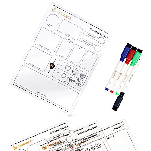 ENHANCE Tabletop-Acryl-Charakterblatt-Set – Wiederverwendbare 5e DND-Charakterblätter (Kampf, Zauber, Ausrüstung) für alle DND 5e-Klassen – inklusive 3 Blättern, trocken abwischbaren Markern von ENHANCE