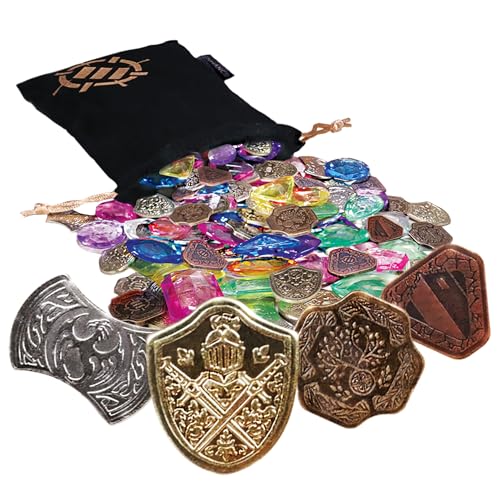 ENHANCE Tabletop-Schatz-Token-Set – 40 MTG-Token aus Metall (je 10 pro Design), Verschiedene Acryl-Edelsteine (40+), Kordelzugbeutel – RPG-Zähler für MTG, DND-Münzen und Tabletop-Spiele von ENHANCE