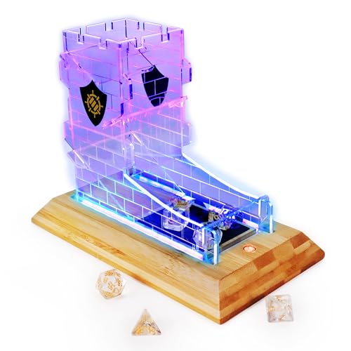 ENHANCE Tisch-LED-Würfelturm mit 7-teiligem Würfelset für Rollenspiele – Durchsichtiges Würfelset, LED-Würfelroller mit Bambusbasis und Burgturm-Design, Rollen Sie bis zu 14 Standardwürfel auf Einmal von ENHANCE