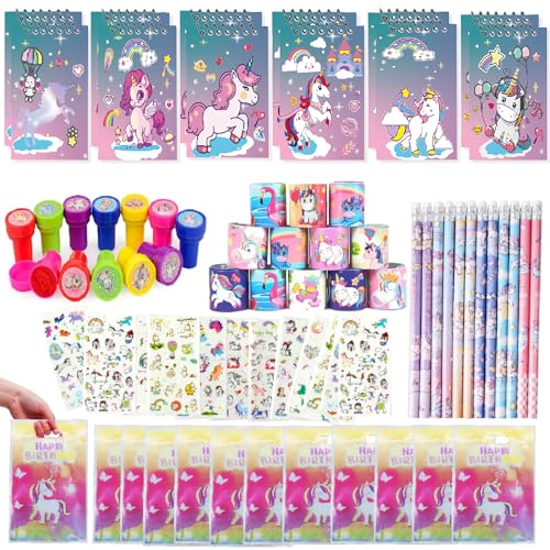 ENIKMOSD 72 Stück Einhorn Mitgebsel Kindergeburtstag Mädchen,Einhorn Party Kindergeburtstag Give Aways Gastgeschenke Set mit Bleistifte Notizbuch Stempel Geschenktüten Aufkleber Armbänder von ENIKMOSD