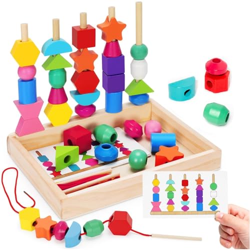 ENIKMOSD Holzspielzeug Steckspiel Fädelspiel Bausteine Sortierspiel für Kinder,Montessori Spielzeug ab 3 4 5 Jahre,Holz Stapelspiel Feinmotorik Motorikspielzeug Lernspiele Geschenk für Junge Mädchen von ENIKMOSD