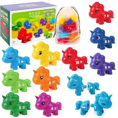 Einhorn Zahlen Farb Matching Spiel,10 PCS doppelseitig Zahlen Einhorn Spielzeug,Lernspielzeug Motorikspielzeug Feinmotorik Montessori Numerisch Spielzeug Geschenke ab 3 Jahren Kinder Mädchen Junge von ENIKMOSD