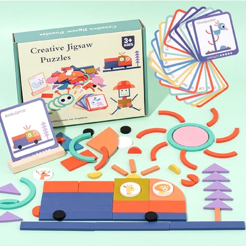 Holzpuzzles Geometrische Formen,Tangram Kinder Montessori klassisches Lernspielzeug mit 20 Stück Beidseitige Karte,Aufbewahrungstasche,Geschenk für Kinder Mädchen Jungen ab 3 4 5 6 Jahr von ENIKMOSD