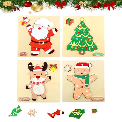 Holzpuzzles Weihnachten Kinder Spielzeug,4 Stück Montessori Holz Puzzle Weihnachtsbaum Santa Schneemann Elch,Weihnachten Geschenk Strumpffüller Ideen Kinder Spielzeug für Mädchen Jungen von ENIKMOSD