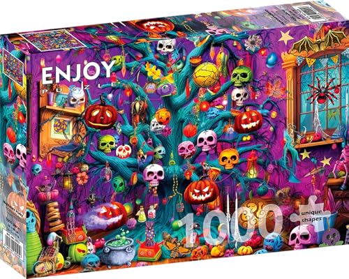 1000 Pieces Jigsaw Puzzle – Matte Finish, Soft Touch, Sturdy and Unique Pieces, Tight Fit, Vivid Colors, Missing Pieces Service – Fun Halloween Haunted House with Skulls and Pumpkins – by ENJOY Puzzle von Enjoy puzzle