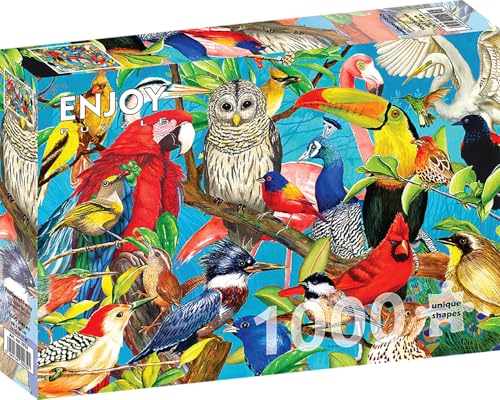 1000 Pieces Jigsaw Puzzle – Matte Finish, Soft Touch, Sturdy and Unique Pieces, Tight Fit, Vivid Colors, Missing Pieces Service – Tree Birds Collage with Owl Toucan Parrot Cardinal – by ENJOY Puzzle von Enjoy puzzle