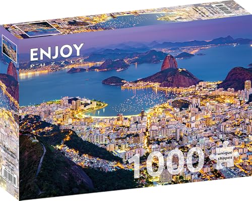 1000 Pieces Jigsaw Puzzle – Matte Finish, Soft Touch, Sturdy and Unique Pieces, Tight Fit, Vivid Colors, Missing Pieces Service – Rio de Janeiro Night Cityscape with Harbor in Brazil – by ENJOY Puzzle von Enjoy puzzle