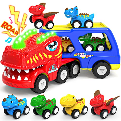 Dinosaurier-LKW-Spielzeug ab 1 2 3 4 Jahren mit Brüllen Sound & Lichter, ENJSD T-Rex Autotransporter Geschenke für Kinder Junge Mädchen Kleinkinder mit 4 Pull Back Dino Spielzeugautos von ENJSD