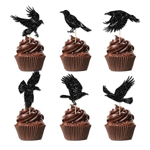 ENLACE 24 Stück Krähe Tortendeko Halloween Krähe Muffin Deko,Glitzer Krähe Cupcake Topper 6 Designs,Schwarz Krähe Kuchendeko,Krähe Deko Kuchen Halloween,Halloween Horror Deko für Halloween Party Deko von ENLACE