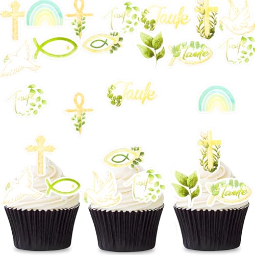 ENLACE Cupcake Topper Taufe Tortendeko Essbar,48 Stück Esspapier Taufe Deko Torte,Taufe Kuchen Deko Essbar,Fisch Tortendeko Taufe,Kreu Taufe Deko Mädchen Junge,Essbar Taufe Muffin Deko von ENLACE