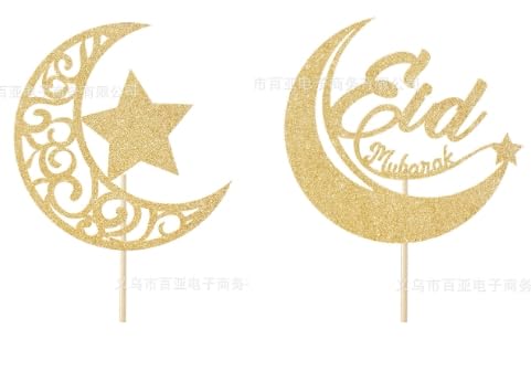 ENLACE Eid Mubarak Cake Topper,2 Stück Eid Mubarak Tortendeko Gold,Glitzer Ramadan Deko Torten,Eid Mubarak Kuchen Deko,Stern Mond Kuchen Topper Muslimische Party Deko für Eid Islamische Party Deko von ENLACE