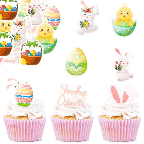 ENLACE Essbare Tortendeko Ostern,48 Stück Frohe Ostern Tortendeko,Esspapier Hase Kuchen Deko Essbar,Cupcake Topper Ostereier Muffin Deko,Kuchendeko Hase Cake Topper von ENLACE