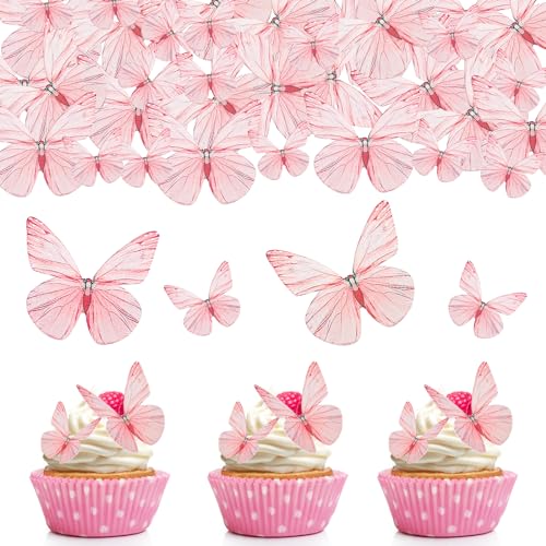 ENLACE 72 Stück Essbare Tortendeko Schmetterlinge Geburtstag Deko,Essbare Schmetterlinge für Torte Rosa,Esspapier Tortendeko Hochzeit,Schmetterlinge Kuchen Deko Essbar zum Cupcake,Muffin Deko von ENLACE