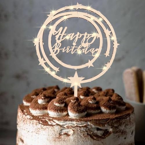 ENLACE Happy Birthday Tortendeko Geburtstag Holz mit LED Lichterkette,Holz Cake Topper Geburtstag,Stern Kuchen Deko Geburtstag für Mädchen Jungen Frauen Mann,Happy Birthday Deko Torten Größe16x24cm von ENLACE