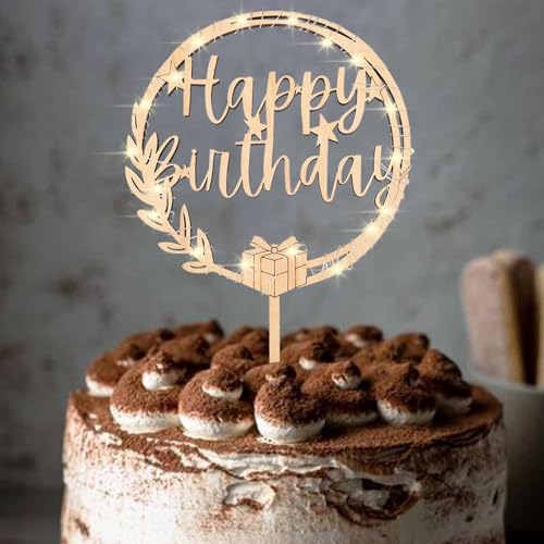 ENLACE Holz Happy Birthday Tortendeko Geburtstag mit LED Lichterkette,Happy Birthday Cake Topper aus Holz,Kuchen Deko Geburtstag,Kuchen Topper Geburtstag für Mädchen Jungen Frauen Mann,Größe16x24,5cm von ENLACE