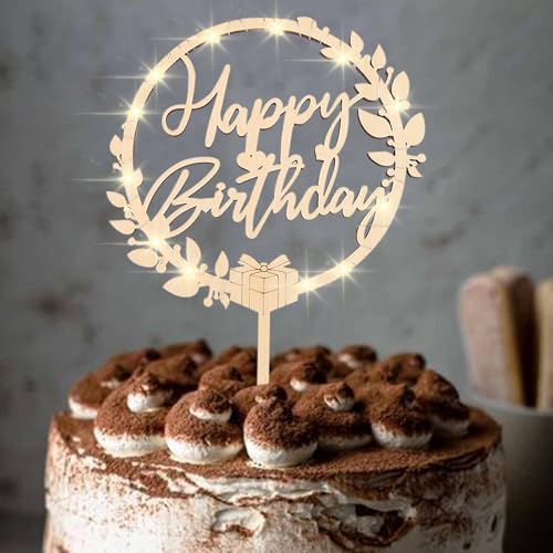 ENLACE Tortendeko Geburtstag Frauen Mann,Happy Birthday Cake Topper aus Holz mit LED Lichterkette,Kuchen Deko Geburtstag Jungen Mädchen,Happy Birthday Torten Deko,Tortenstecker Geburtstag,16x24cm von ENLACE