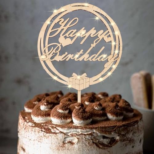 ENLACE Holz Happy Birthday Tortendeko Geburtstag Frauen Mann,Cake Topper Geburtstag mit LED Lichterkette,Kuchendeko Geburtstag Mädchen Jungen,Happy Birthday Kuchen Topper Größe 16x24cm von ENLACE