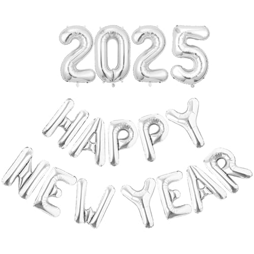 ENLACE Happy New Year Luftballons 2025 Silvester Deko Folienballon 16 Zoll,Neujahr Deko Ballon Silber 2025 Silvester Deko Ballon,Neues Jahr Luftballons Partydeko für 2025 Silvester Party Supplies von ENLACE