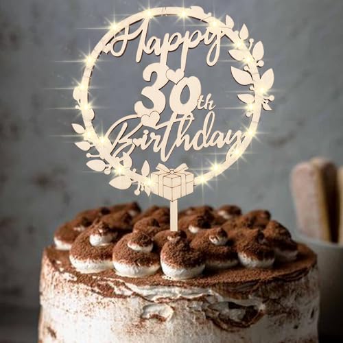 ENLACE Cake Topper 30 Geburtstag Holz,Tortendeko 30 Geburtstag Mann Frau, Torten Topper 30 Geburtstag Deko mit LED Lichterkette,Happy 30th Birthday Deko Torten,Kuchendeko 30. Geburtstag Frauen Männer von ENLACE