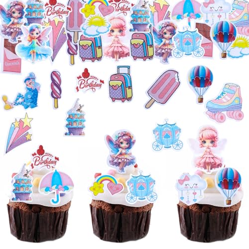 ENLACE Essbare Tortendeko Mädchen,72 Stück Fee Cupcake Topper,Feen Geburtstag Kuchen Deko Essbar,Happy Birthday Muffins Deko Essbar,Esspapier Tortendeko Geburtstag,Feen Geburtstag Deko für Torte von ENLACE