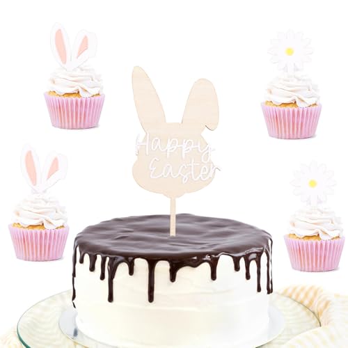 ENLACE Ostern Tortendeko Hasen Cupcake Topper,5 Stück Holz Hasenohren Cake Topper Ostern,Acryl Blumen Muffin Deko Ostern,Oster Deko Kuchen, Happy Easte Kuchen Deko für Ostern Party Deko Geburtstag von ENLACE