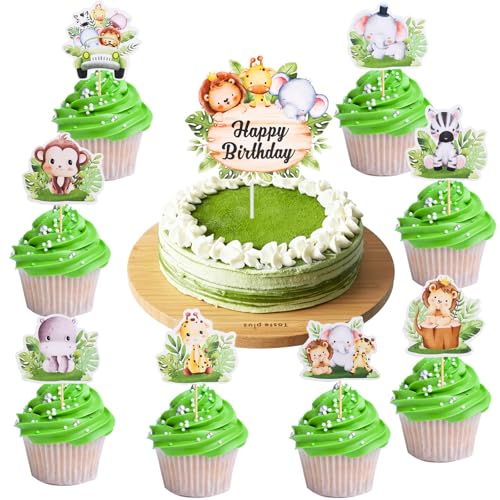 ENLACE 25 Stück Tortendeko Tiere,Happy Birthday Cake Topper Safari Deko,Dschungel Deko Geburtstag,Dschungel Tortendeko Junge,Kuchen Deko Geburtstag Waldtiere Giraffe Löwen Affe Muffin Deko von ENLACE