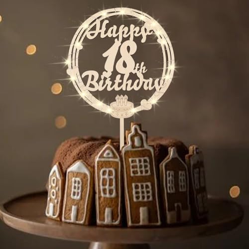 ENLACE Tortendeko 18 Geburtstag Junge Mädchen Holz,Cake Topper 18. Geburtstag mit LED Lichterkette,Happy 18th Birthday Kuchendeko,Deko für Torte 18 Geburtstag Junge,Kuchen Topper Geburtstag 18 Jahre von ENLACE