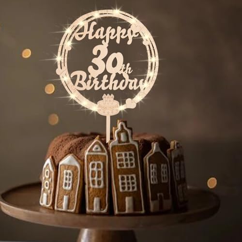 ENLACE Tortendeko 30 Geburtstag Frau Mann,Cake Topper 30 Geburtstag Holz,Torten Topper 30 Geburtstag Deko mit LED Lichterkette,Kuchen Deko 30 Geburtstag,Torten Deko Happy 30th Birthday Größe 16x24cm von ENLACE