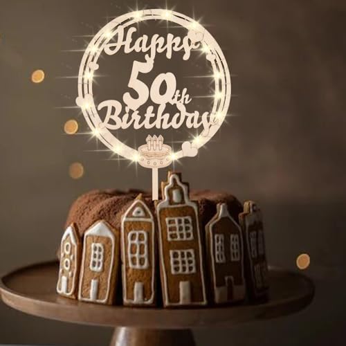 ENLACE Tortendeko 50 Geburtstag Frau Mann,Cake Topper 50 Geburtstag aus Holz mit LED,Holz 50 Geburtstag Deko Torte,50 Geburtstag Kuchendeko,Happy 50th Birthday Kuchen Deko zum 50 Geburtstag von ENLACE