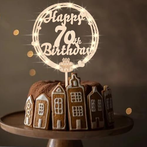 ENLACE Tortendeko 70 Geburtstag Mann Frau,Holz Cake Topper 70 Geburtstag Deko mit LED Lichterkette,Holz Kuchendeko 70. Geburtstag,Happy 70th Birthday Torten Deko,Holz Geburtstag Cake Topper 70 Jahre von ENLACE