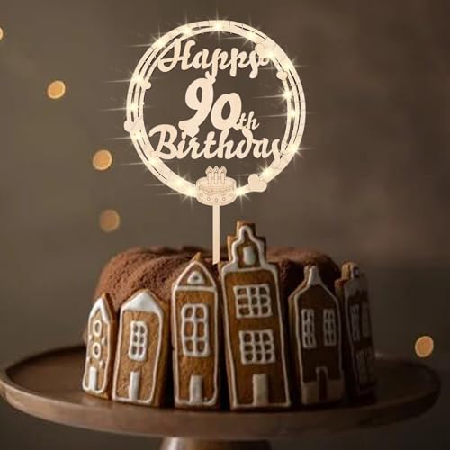 ENLACE Tortendeko 90. Geburtstag Mann Frau,Holz 90 Geburtstag Cake Topper mit LED,Kuchendeko 90. Geburtstag,Happy 90th Birthday Deko für Torte 90. Geburtstag,Torten Deko 90. Geburtstag Frau von ENLACE