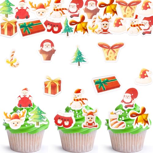 ENLACE Tortendeko Weihnachten Essbar,48 Stück Kuchen Deko Weihnachten Essbare,Cupcake Topper Weihnachten Essbar,Esspapier Weihnachten Muffin Deko Essbar,Essbare Weihnachtsdeko Backen Deko von ENLACE