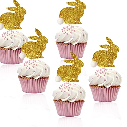 24 Stück Ostern Cupcake Toppers Gold Hase Toppers Ostern Party Deko Frohe Ostern Tortendeko Gold Ostern Kuchen Dekorationen (24 Hase-Gold) von ENSTAB