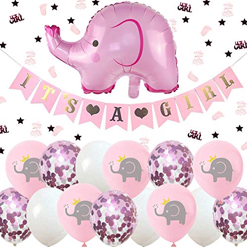 ENSTAB Babyparty Deko Mädchen It's A Girl Girlande Elefant Luftballons Rosa mit It's A Girl Konfetti für Taufe Deko Mädchen Baby Geburtstag Dekoration von ENSTAB