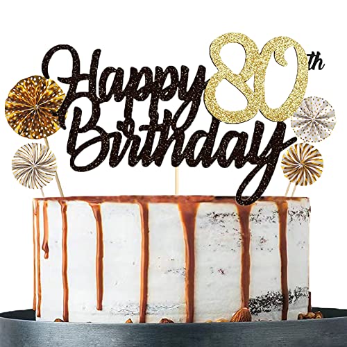 Tortendeko 80 Schwarzes Gold set Doppelseitiges Glitzerpapier Happy Birthday Cake Topper für Geburtstag Deko 80 von ENSTAB