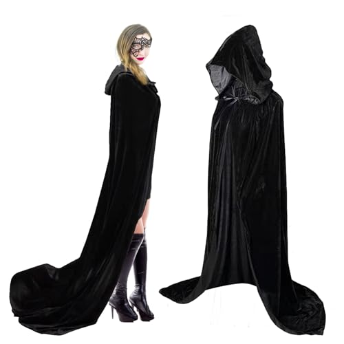 ENTZONE Umhang mit Kapuze Halloween Kostüm Schwarzer Samt Cape Mittelalter Hexe Cosplay Karneval Party Maskerade Unisex von ENTZONE