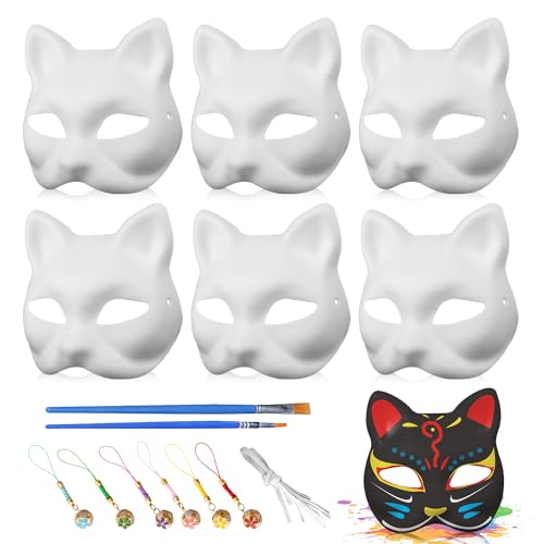 ENUTROF Katzenmaske Weiß Maske Handgemalte 6Stk DIY Weiße Papier Maske Papiermasken zum Bemalen Katze Maske für Karneval Cosplay Geburtstag Maskenball Halloween Party Deko von ENUTROF