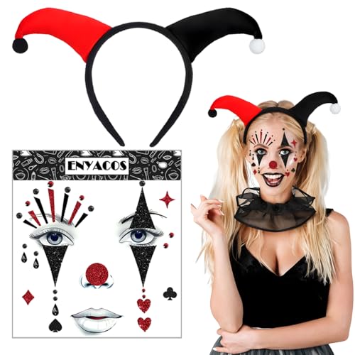 ENYACOS Clown Haarreif & Gesichtstattoo Set für Karneval, Fasching – Bunter Clown Kopfschmuck & Glitzer Tattoo für Damen, Herren & Kinder – Perfektes Kostümzubehör für Köln Karneval & Mottopartys (A) von ENYACOS