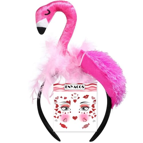 ENYACOS Flamingo Haarreif + herz Glitzer Gesichtsaufkleber，herz tattoo gesicht，flamingo accessoires, Stirnband Haarband – Perfektes Karneval & Faschingskostüm Zubehör für Damen & Kinder (A) von ENYACOS