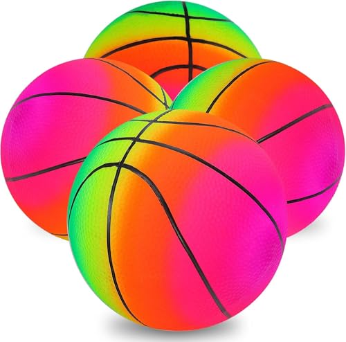 EOGRFW 4 Stück Spielball aus PVC mit 1 Handpumpe, aufblasbarer PVC-Ballon, Regenbogen, für den Strand, 21,6 cm Spielplatz, für drinnen und draußen (Basketbälle 4) von EOGRFW