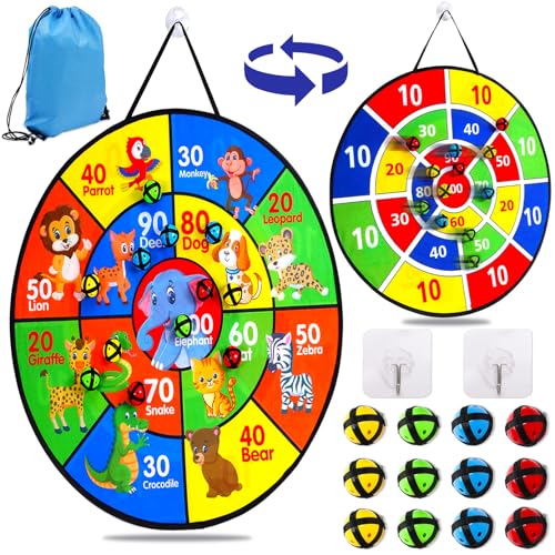 EOGRFW Dartscheibe Kinder,66cm Klett Dartscheibe für Kinder,Doppelseitige Dartscheibe mit 12 Klebrigen Bällen,2 Haken und 1 Aufbewahrungstasche,Faltbares Dart Game-Kinder für Jungen Mädchen Geschenk von EOGRFW