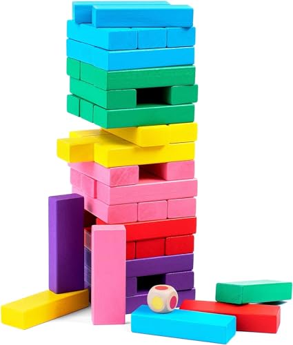 EOGRFW48 Stück Stapelbrettspiel,farbiges Stapelspiel aus Holz,Tumble Tower mit Würfeln,farbenfrohes Tumbling Timbers-Spiel,pädagogische Stapelbausteine für Kinder,Stapelgeschenkset für Jungen,Mädchen von EOGRFW