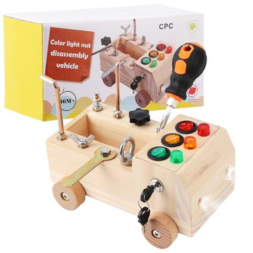 Schraubbrett Kinder Holz, Montessori Spielzeug mit LED-Lichtschalter und Schraubendreher-Tools - Sensorisches Spielzeug, Montessori Spielzeug ab 3 Jahren, Kindergarten Spielzeug, STEM Spielzeug von EOJDDPA