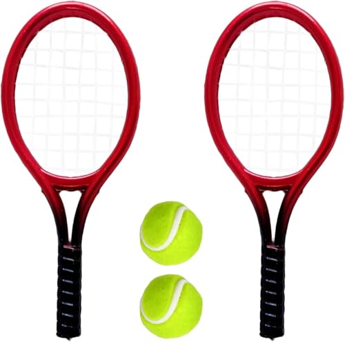 EONANT 1:12 Mini Tennisschläger und Ball Set, Puppenhaus Miniatur Szene Zubehör Tennis Kuchen Topper,Pack von 2 (Rot) von EONANT