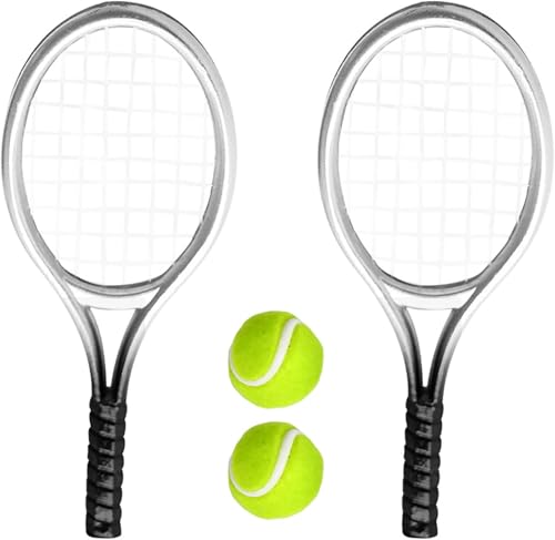 EONANT 1:12 Mini Tennisschläger und Ball Set, Puppenhaus Miniatur Szene Zubehör Tennis Kuchen Topper,Pack von 2 (Silber) von EONANT