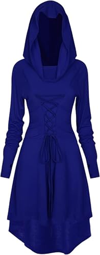 EPOKNQ Mittelalter Kleidung Damen,Gothic Kleid Damen,Halloween Kostüm,Renaissance Mit Kapuze Kleid für Halloween Karneval (Blau, 3XL) von EPOKNQ