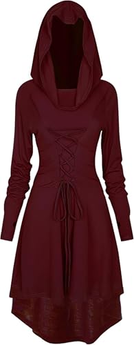 EPOKNQ Mittelalter Kleidung Damen,Gothic Kleid Damen,Halloween Kostüm,Renaissance Mit Kapuze Kleid für Halloween Karneval (Burgundisch, 3XL) von EPOKNQ